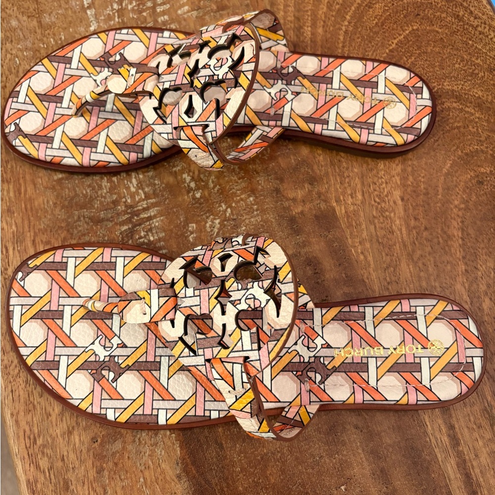 SOLD!!  Tory Burch Womens Miller Welt Leather Sandals Pink Caning Geo SOLD!!